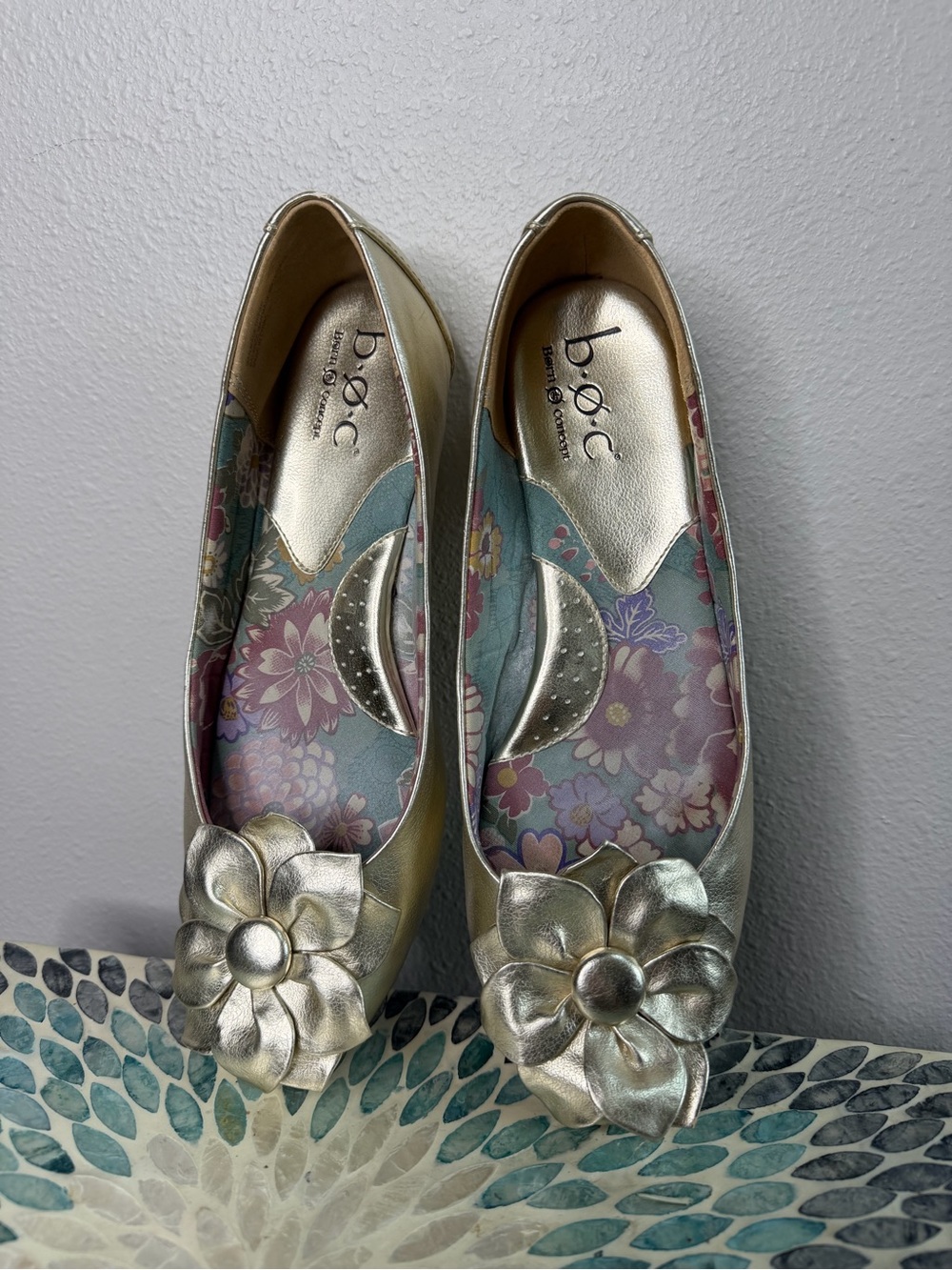 b.o.c. Gold Floral Applique Ballet Flats with Floral Lining